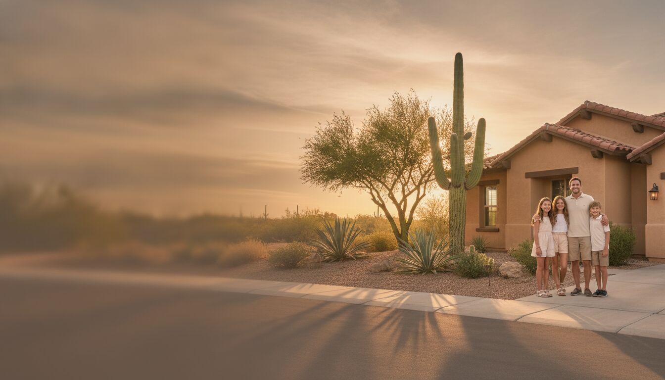 Arizona home at golden hour with desert-sunset sky